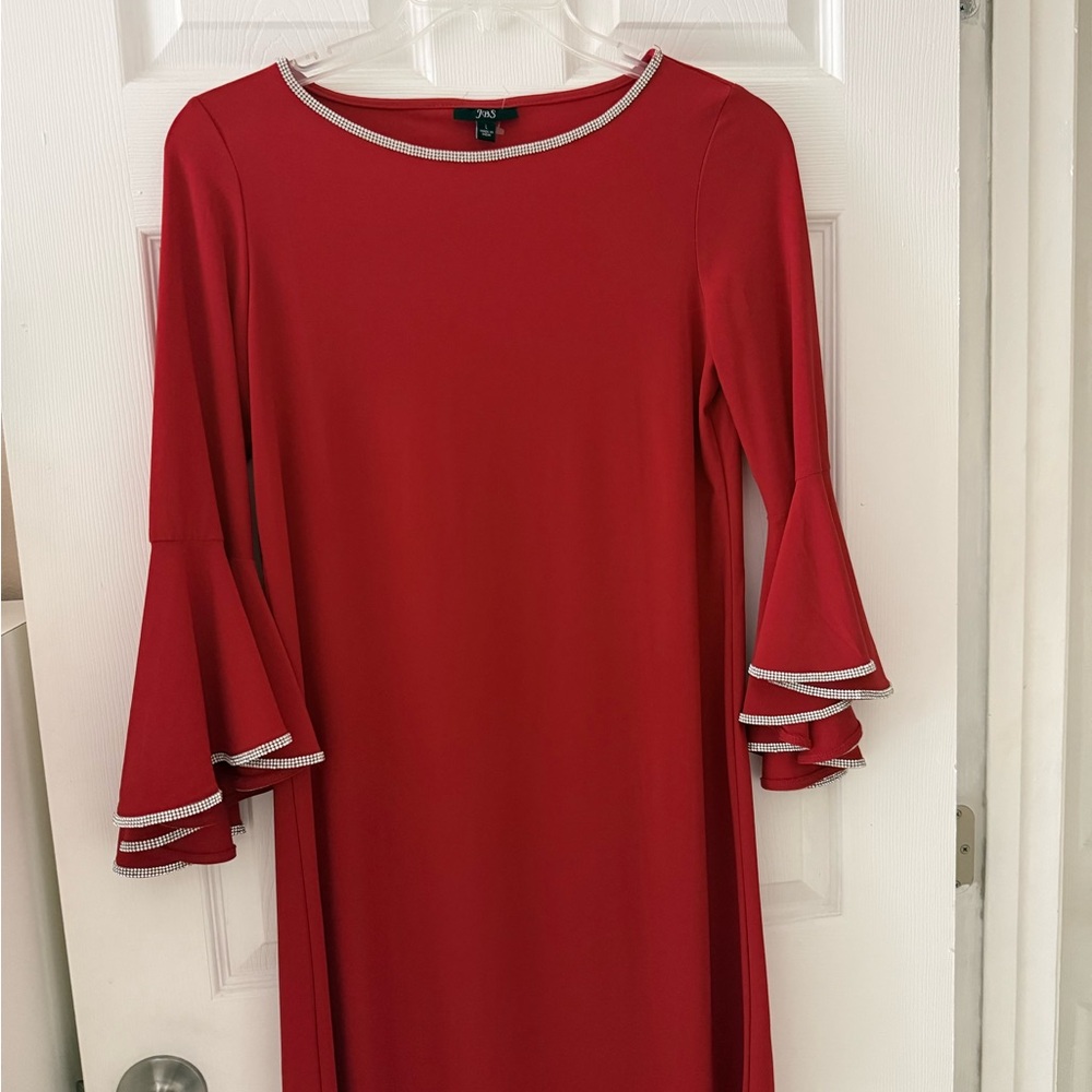 NWT Stunning Vibrant Red Long Bell Sleeves with rhinestones Dress